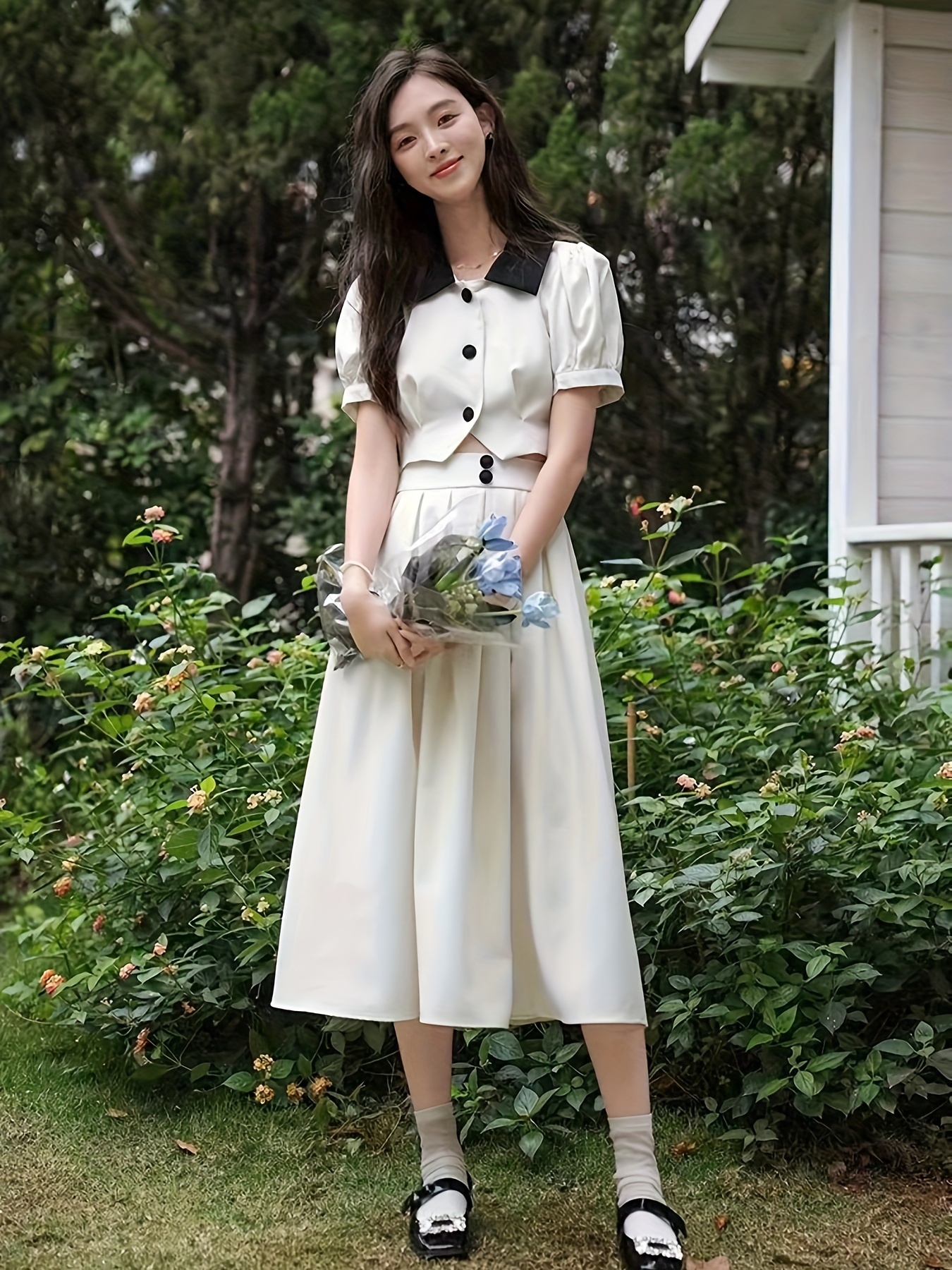 elegant two piece set button front puff sleeve color block Temu