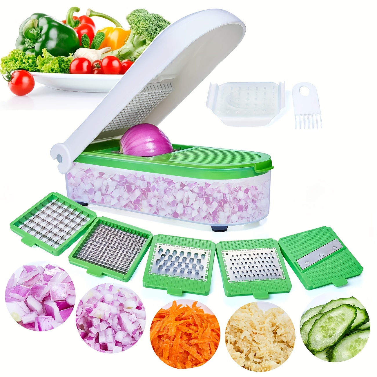 

Lhs Vegetable Chopper-multifunctional Onion Chopper Dicer Sala Potato Cutter Cheese Grater Vegetable Food Slicer With Container-5 Blades (green)