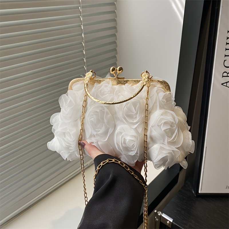 TEMU Elegant 3d Floral Clutch Purse For Women - Golden-tone Chain Strap Evening Bag, Polyester Handbag With Clasp Closure, White/pink/black For