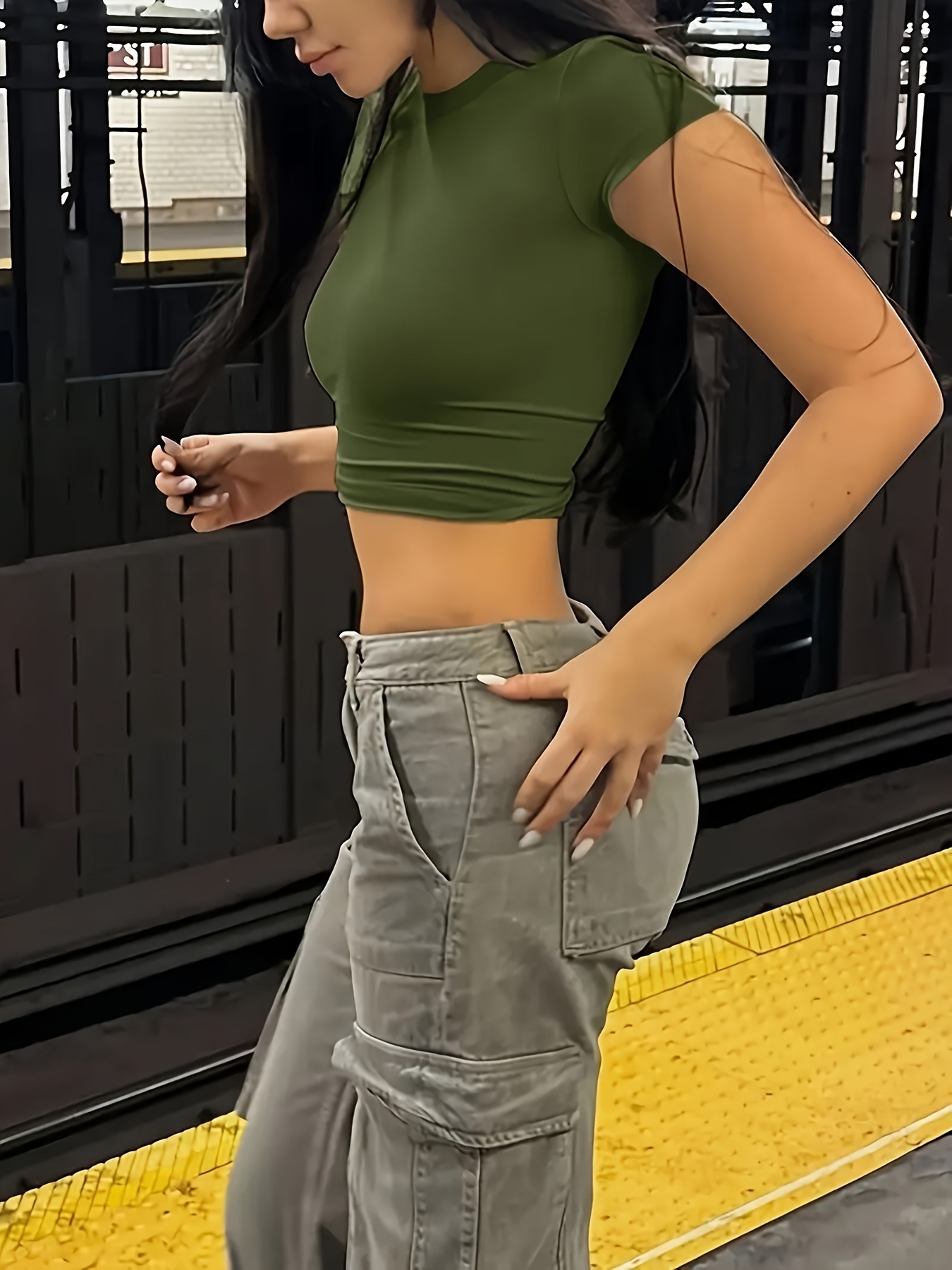Solid Color Skinny Crop Top, Stylish Short Sleeve Crew Neck Top For Spring & Summer, Women's Clothing