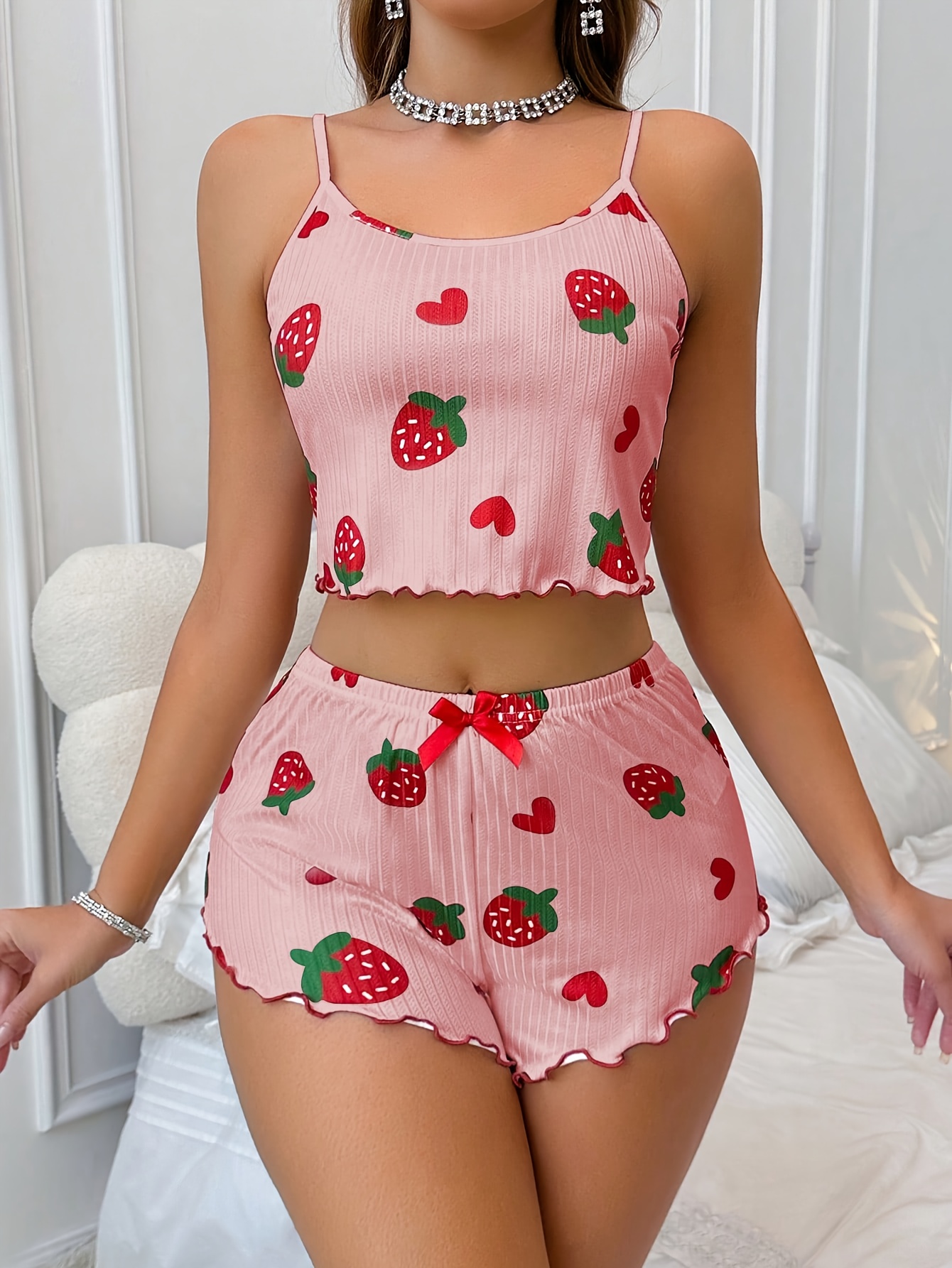 Women'S Strawberry Print Cami Top & Shorts Pajama Set - Cute Summer Sleepwear with Bow Detail, White with Red & Green Strawberries, Sleeveless Spaghetti Strap Design, Perfect for Casual Lounging, Lounging Outfit|Playful Print Top|Playful Print Bottom, Loungewear