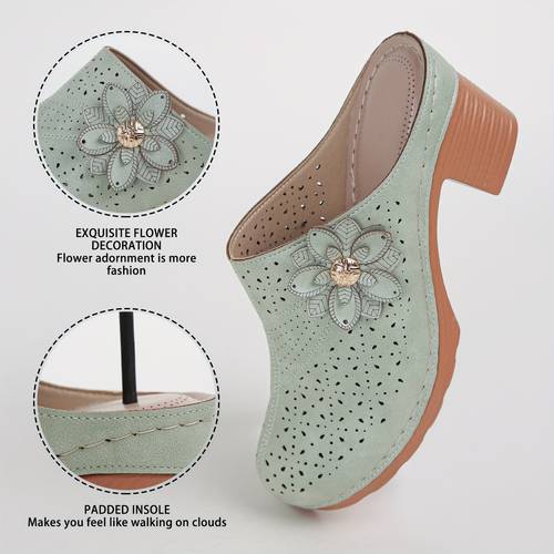 womens floral embellished high heeled mule sandals comfortable wedge platform slip ons with perforated closed toe cushioned heel cover for casual outdoor summer dress shoes ladies dress shoes comfortable footwear fashionable footwear durable pu sole