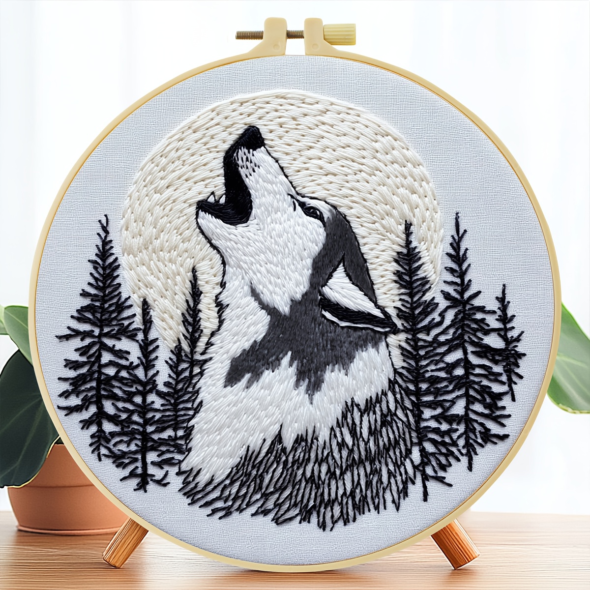 TEMU Kit de broderie 1pc, 20X20Cm/7.9X7.9 Inches Loup , Kit de broderie artisanale à motif, Convient aux débutants adultes, Comprend tissu à broder,
