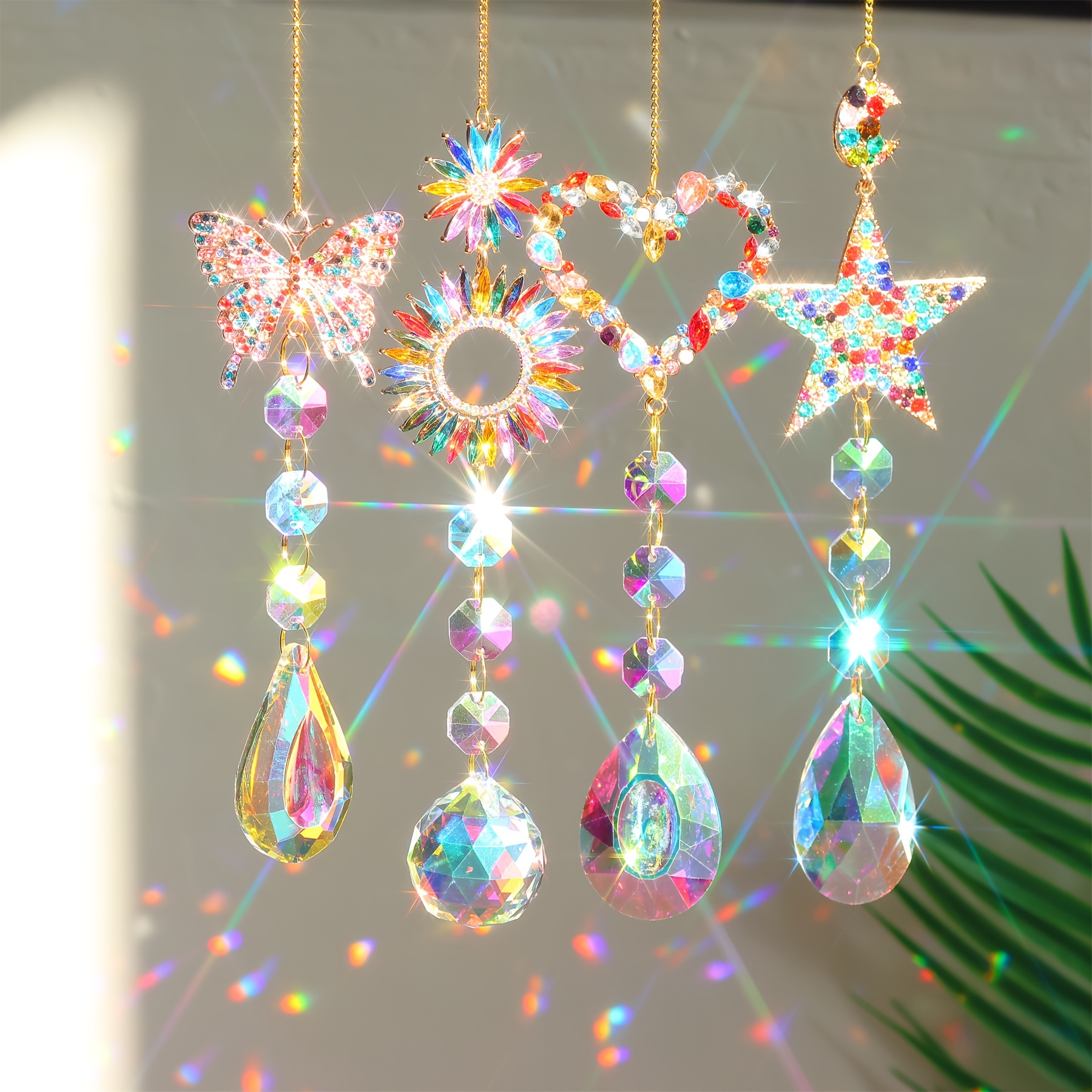 

1pc/4pcs Handmade Colorful Crystal Sun Catcher Butterfly Sun Heart Pentagram Crystal Jewelry Pendant For Diy Home Window Hanging Decoration For Eid, Ramadan