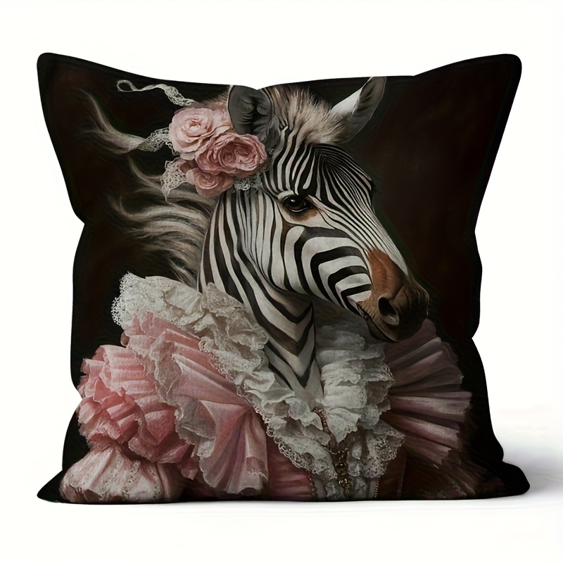 TEMU 1 Victorian-style Zebra Print Decorative Pillow Cover, 18x18 Inches - Luxurious Short Plush Floral Mane With Pink , Zipper Closure, Machine