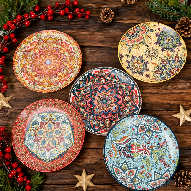 TEMU 6pcs 10 Inch Ceramic Plates, Plates, Unique Handmade Bohemian Art, Enough, Reusable Party Plates/ Oven & Dishwasher Safe/ Kitchen & Restaurant &