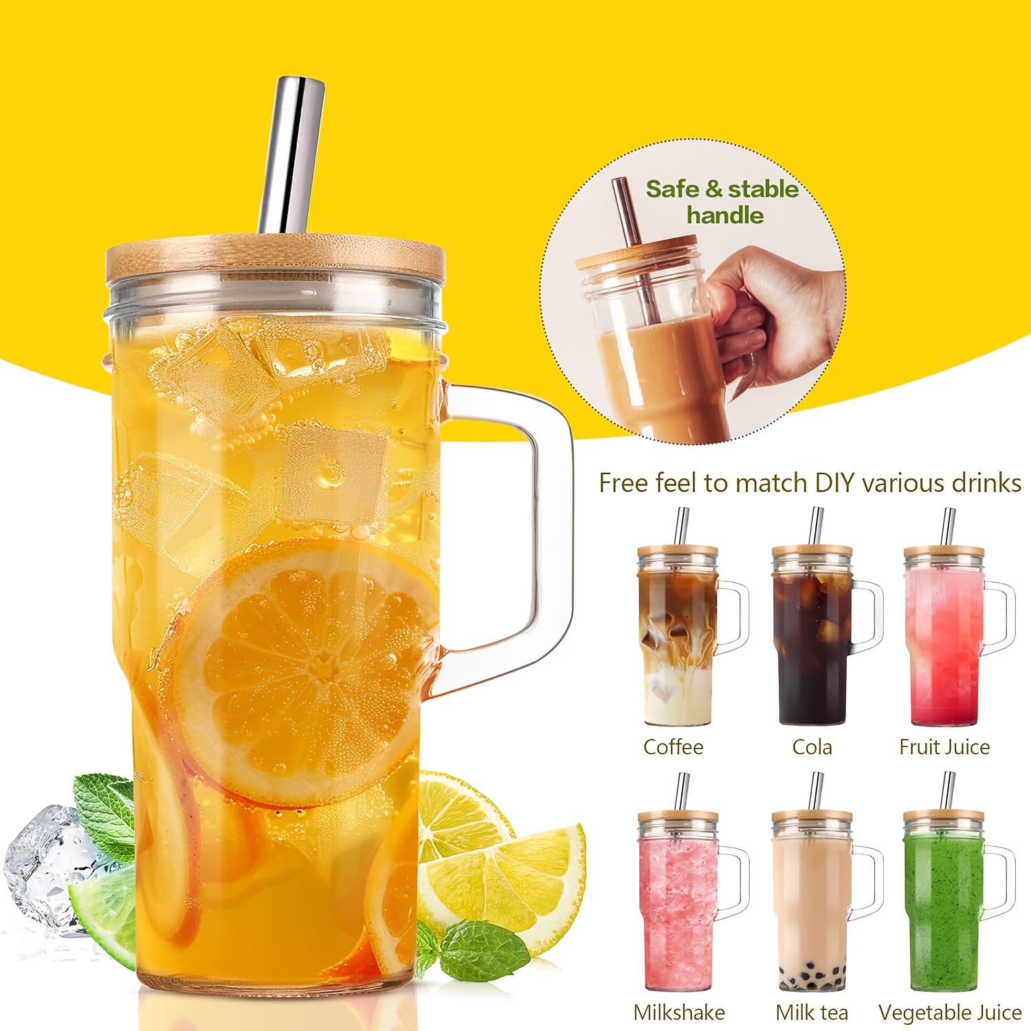 2 4pcs 24oz glass tumbler with lid straw reusable freezer safe round drink mug for iced tea coffee and cold beverages   christmas halloween thanksgiving diwali and   celebrations festive drinkware round tumbler durable glassware coffee tumbler Product details 1