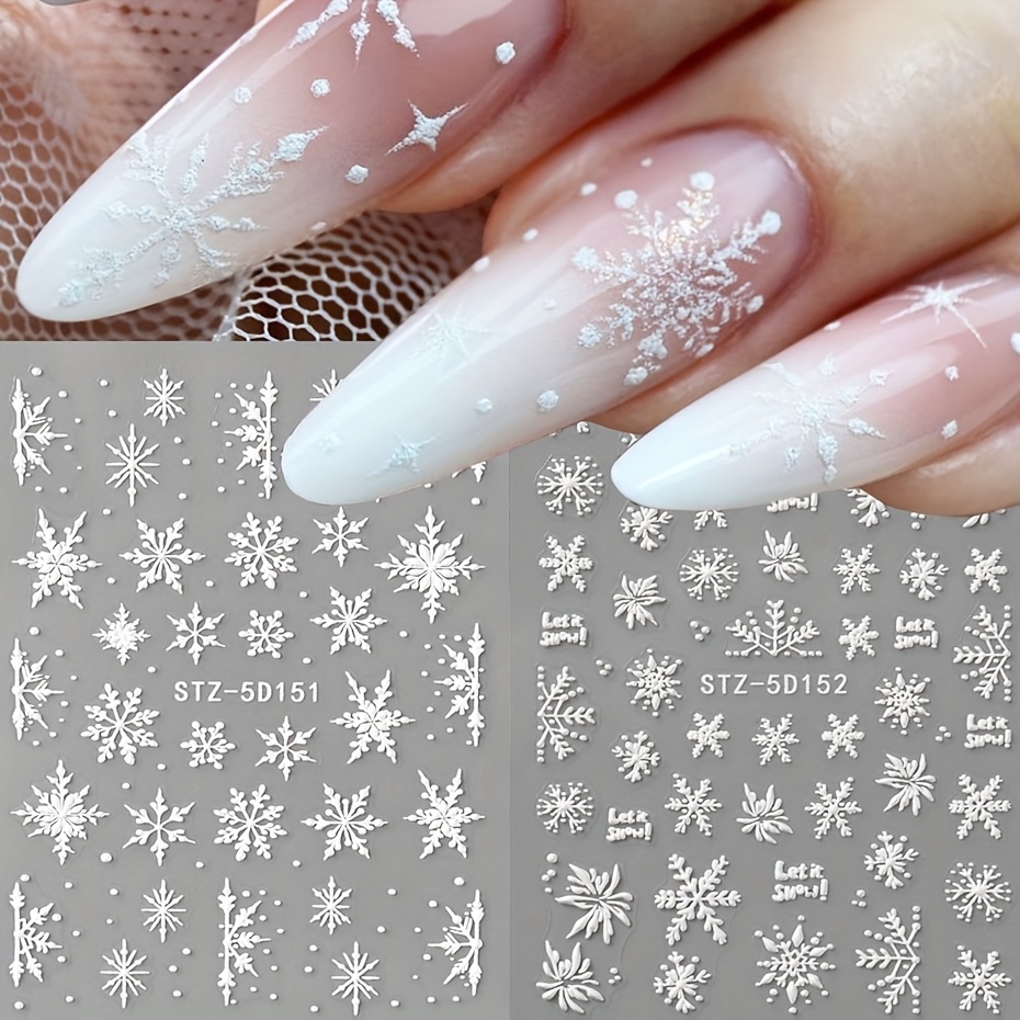 Image of Set Of 2 Stylish Embossed Snowflake Nail Decorations, 5d Winter-themed White Snow-shaped Nail Stickers, Perfect For Christmas Celebrations And Manicure Supplies