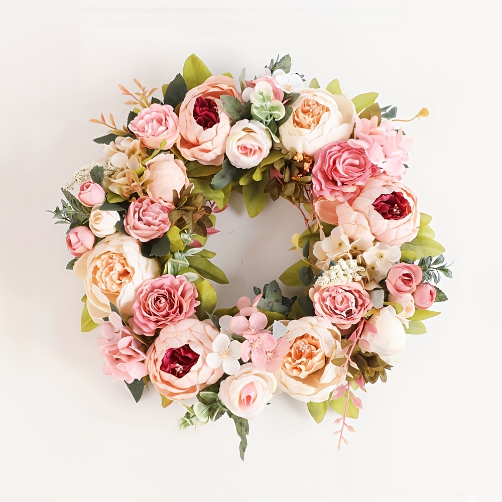 Image of 1 Piece 15.74-inch Spring Artificial Peony Rose Wreath, Colorful Flowers And Green Wreath, Plastic Decoration, Suitable For Home And Office, Mother's Day, Easter, Spring And Summer, No Feathers