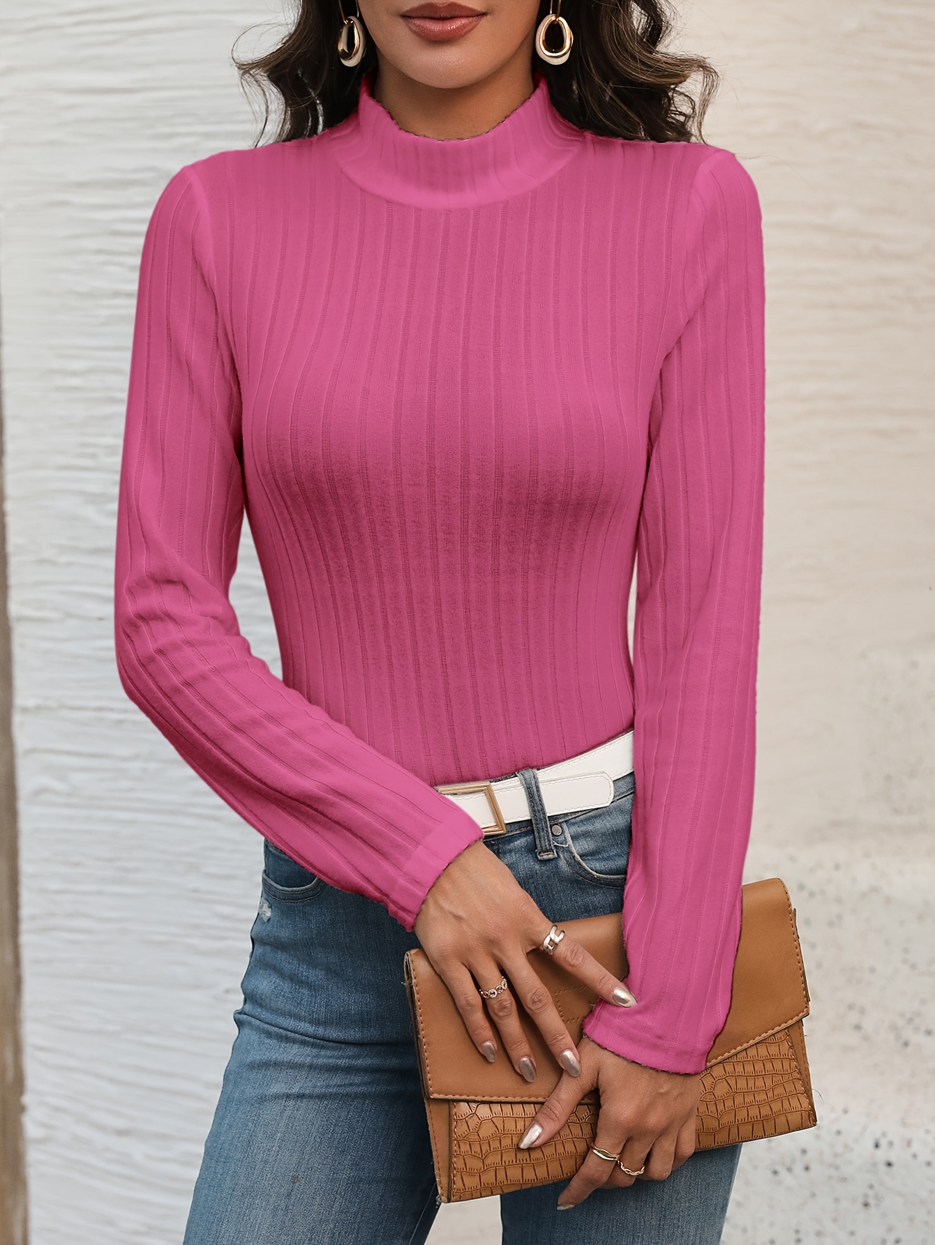 Ribbed Mock Neck T shirt Casual Long Sleeve Top Spring Fall - Temu