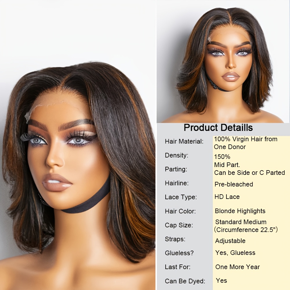 Brazilian Human Hair Bob Wig with 4x4 Lace Closure - 150% Density Body Wave Caramel Brown 30.48 cm Short, Pre-Plucked Baby Hair & Glueless Design, Adjustable Cap for Men & Women, All Ethnicities, Hair Wig
