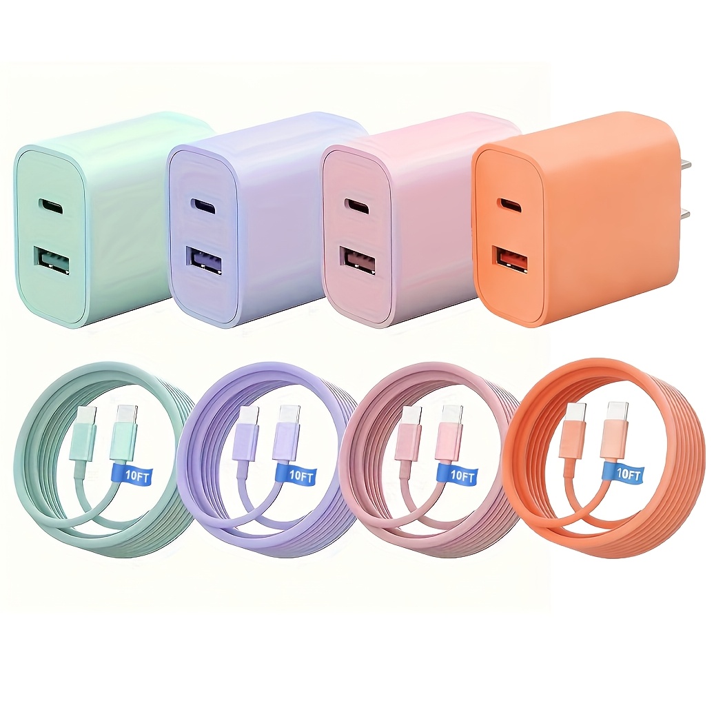 TEMU Fast Charger For Iphone 17 16, 4 Pack 20w Dual Port A/c Wall Charger Block For Iphone With 10ft Usb C Fast Charging Cable Compatible For Iphone