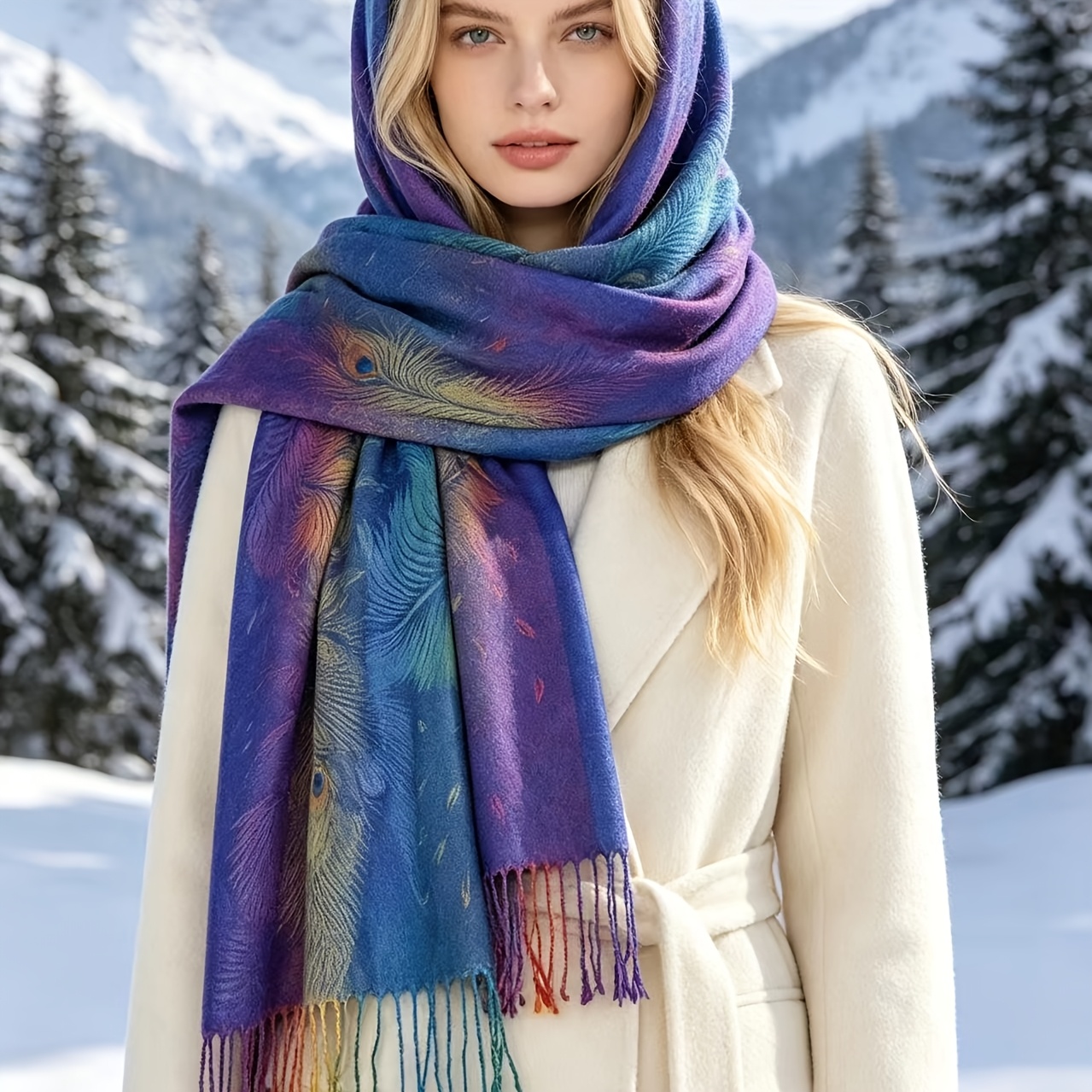 TEMU Autumn Winter Estilo Bohemio para Mujer, de Plumas de Real Coloridas, Jacquard Premium, Bufanda Casual con Borlas, Pañuelo para la Cabeza de
