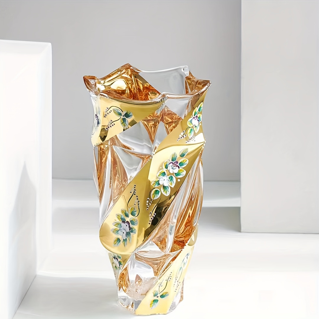 TEMU 1pc Beautiful Crystal Glass Vase With Luxury Golden Enamel Flower Enamelware, European-style Ornament Vase, Housewarming Gift