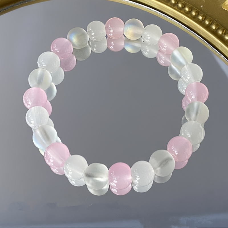 8mm Pink and White Glass Bead Bracelet, Stylish Gift