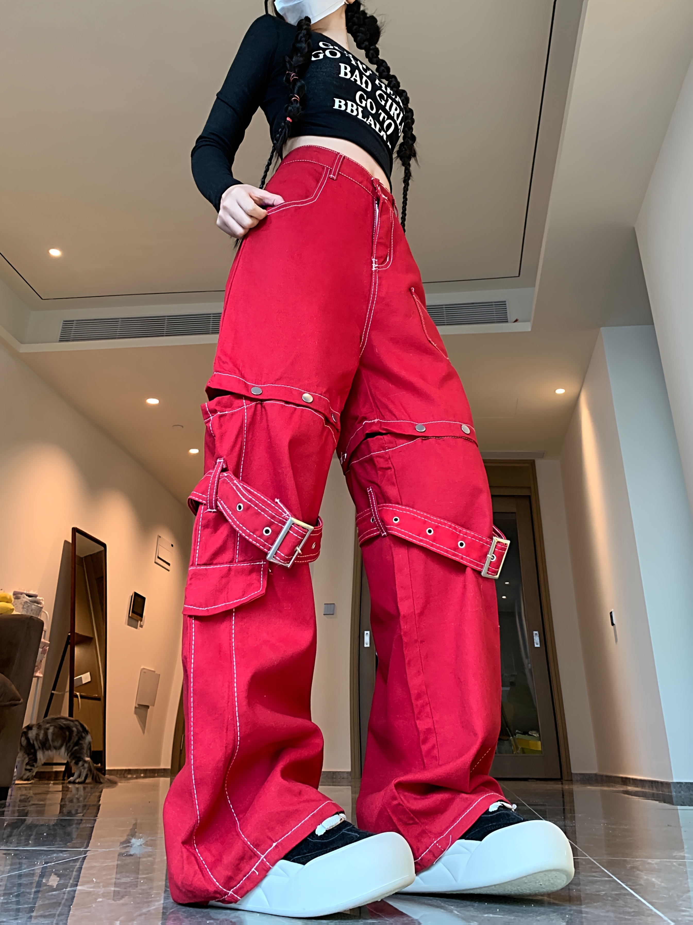 Denim Jeans Red Womens Cargo Pants Women'S Red High-Waisted Cargo