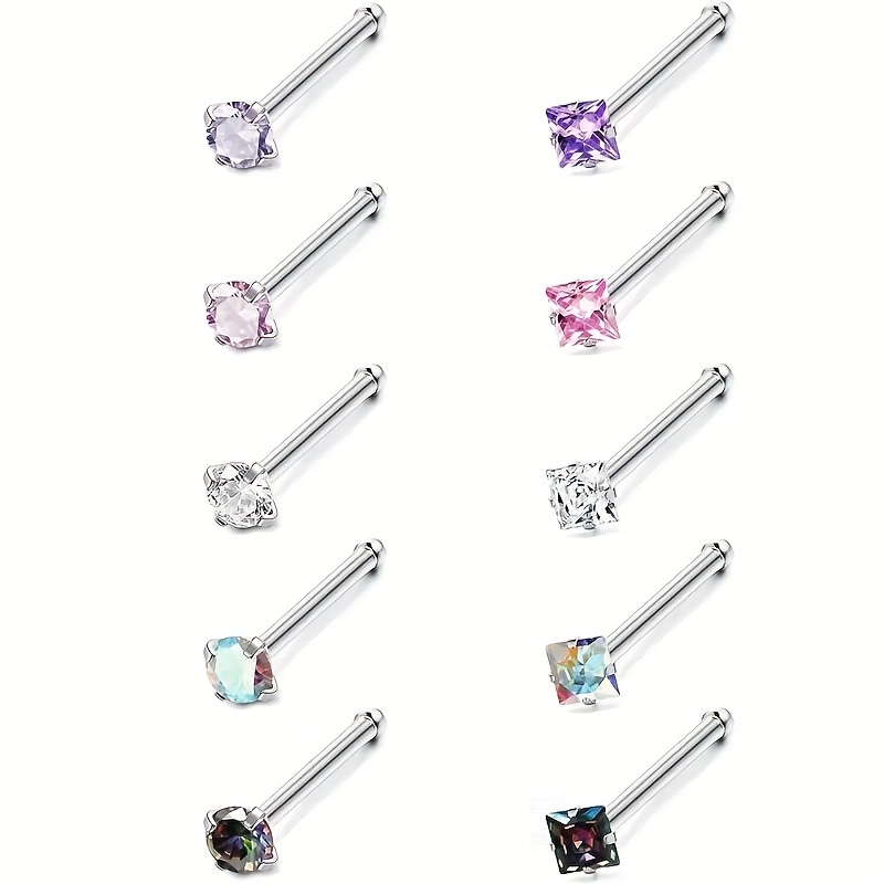 E-shop 10 Stück Edelstahl Quadrat- & Rundnasenstecker – Hypoallergener Piercingschmuck für Männer & Frauen – L-förmige Gerade Nasenschrauben