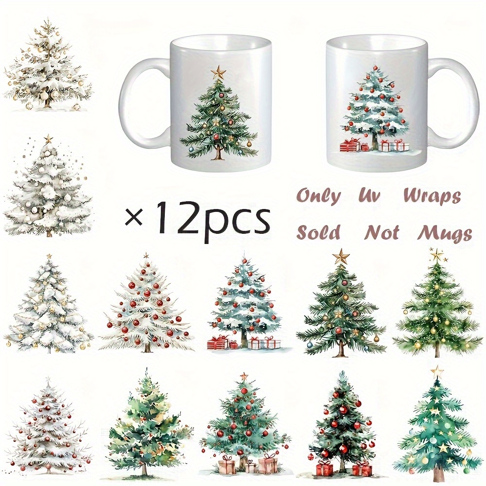 

12pcs Christmas Tree Diy Glass Jar & Coffee Cup Sticker Set - Uv Dtf High Adhesive, Decorative Wraps