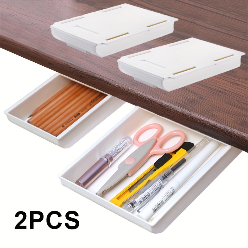 

2-pack Self-adhesive Under Desk Drawer Organizer, Invisible Office Supplies Storage Box, No-drill Plastic Stationery Cosmetics Tray, Lightweight, Small <3.2 Cubic Feet Capacity, <27" Height