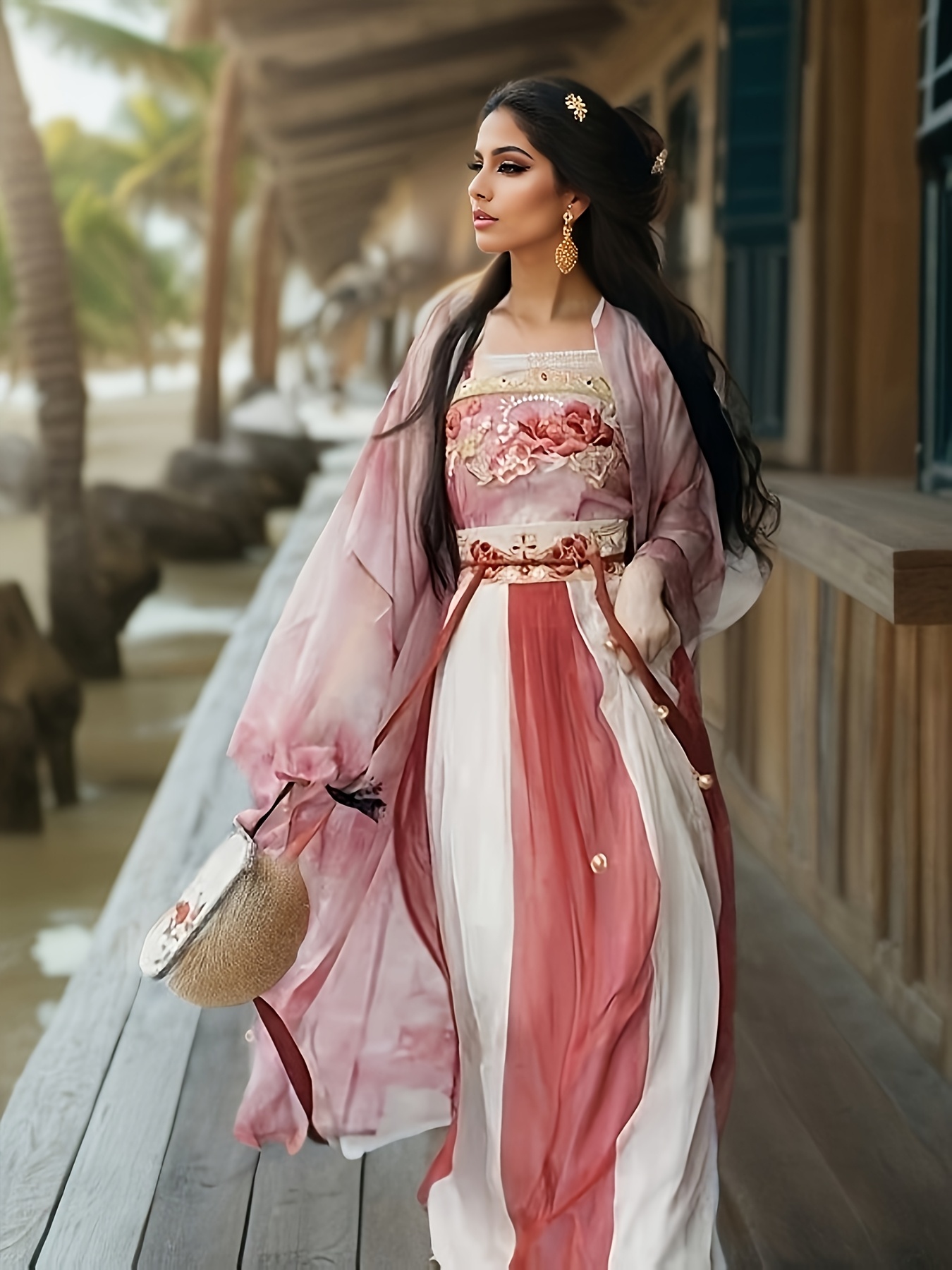 knee length dresses for ladies Aconiconi Elegant Japanese Style Printed Long Loose Halter Dress- Daylily and Breeze M / White main image 1