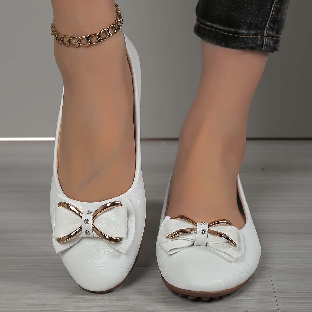 

Women's Casual Flats With Bow & Rhinestone Detail, Round Toe Comfort Ballet Flats, Solid Color Slip On Shoes