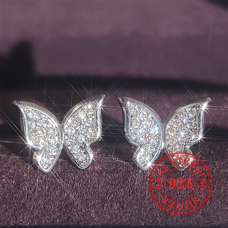 

Pretty 925 Sterling Silver Hypoallergenic Butterfly Shaped Stud Earrings Zircon Inlaid Elegant Luxury Style Dating Wedding Ear Decor