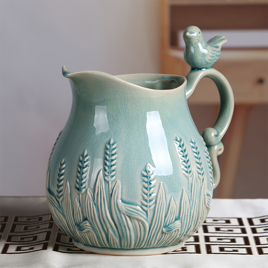 Image of 1pc Retro Pastoral Style Ceramic Kettle Vase With Bird-shaped Elements On The Handle. Decorative Ceramic Hydroponic Green Plant Vase That Can And Used For Balcony And Living Room Planting Decoration