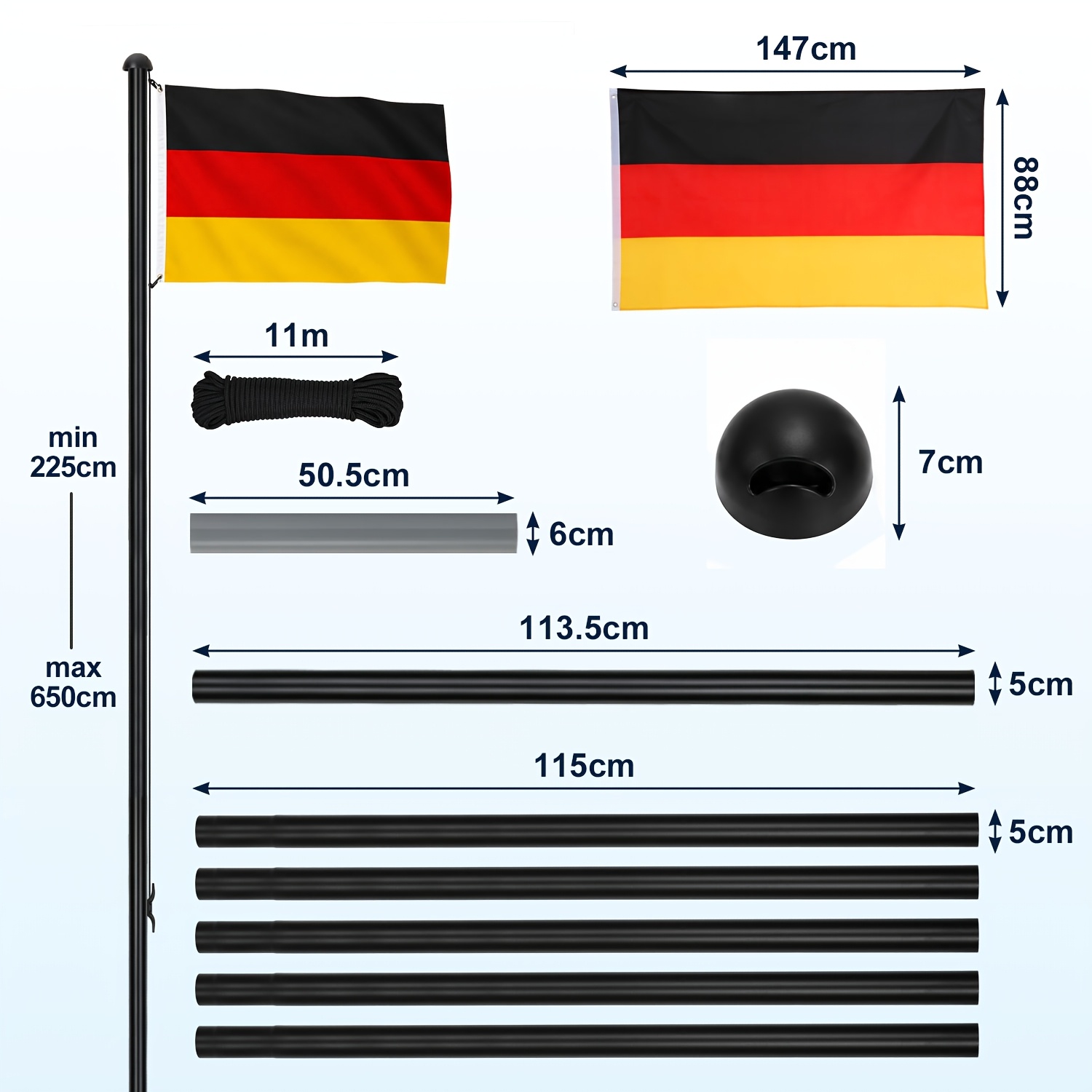 TEMU A 6.5-meter-long Black Flagpole, Including X 90cm German Flag, Ground Sleeve, Guy Rope, Locking Clamp, And End Caps; Height Is Adjustable With 5