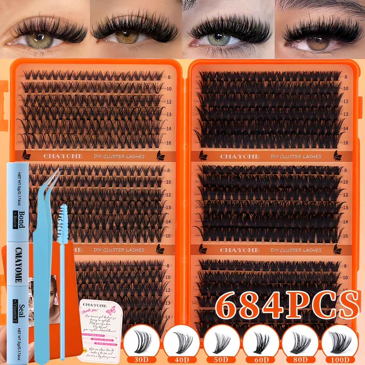 TEMU Kit de 684 pièces pour extension de cils avec colle auto-adhésive et outils - 6 styles adaptés au port , kit de colle à cils DIY réutilisable,
