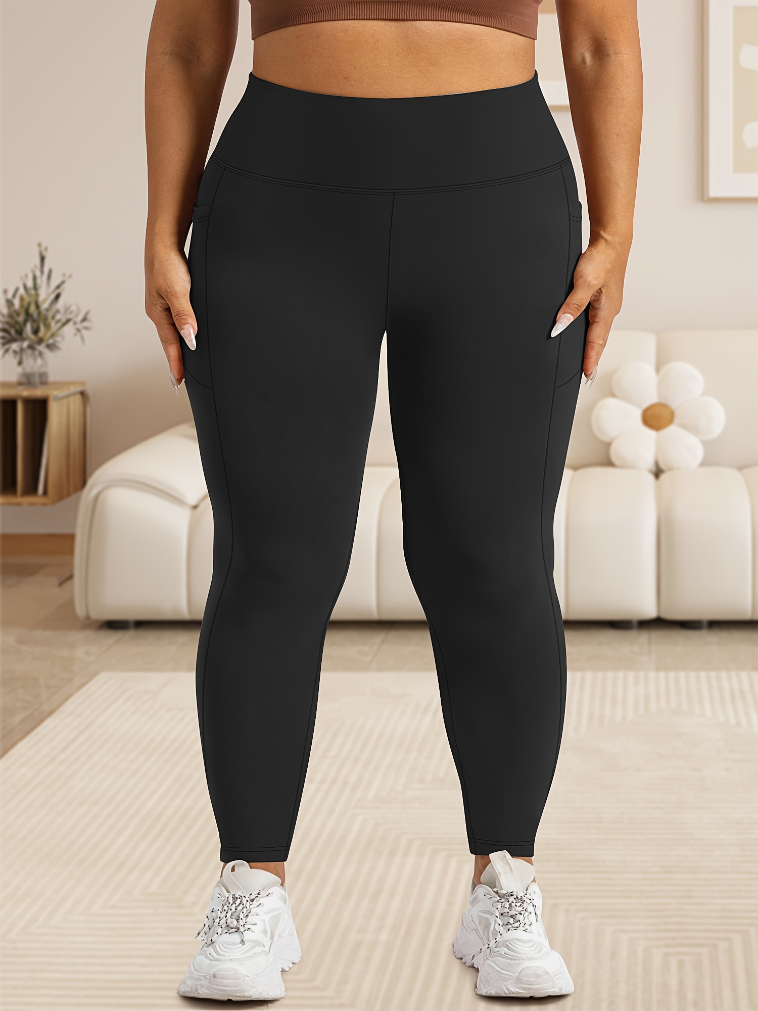 Women'S Plus Size High Waist Tummy Control Leggings with Pockets, 88% Polyester 12% Elastane, Skinny Fit, Solid Color, Knit Fabric, 200g/m², All Season Athletic Yoga Pants for Running & Fitness