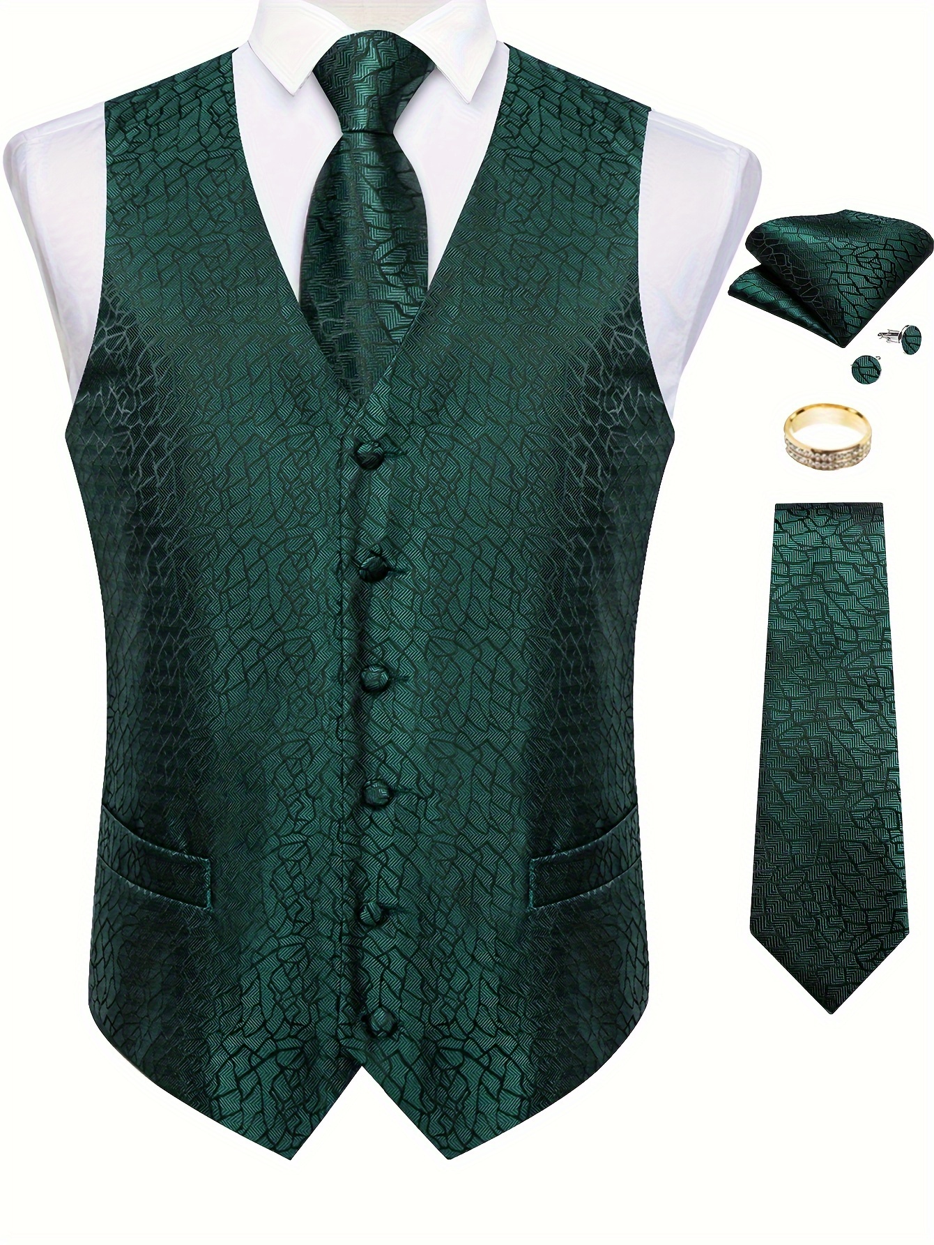 mens green suit vest with neck tie handkerchief cufflinks set for wedding prom tuxedo