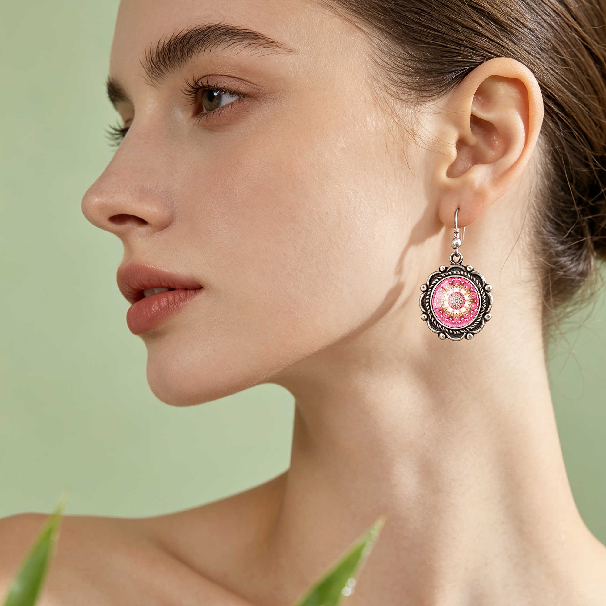 Dreamy Pink Mandala Patterned Glass Earrings, Unisex Style