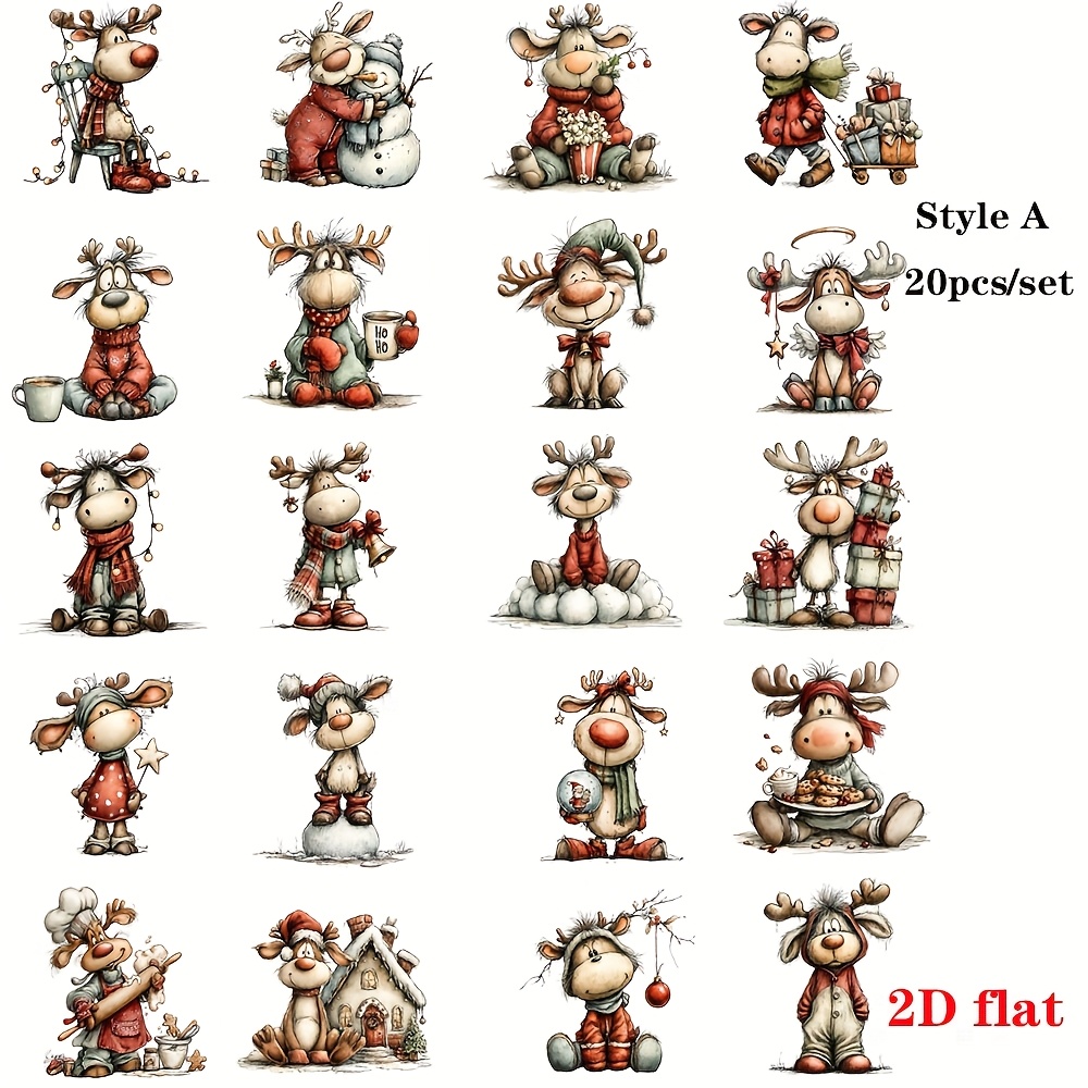 Set Of 20 Vintage Christmas Cute Reindeer Stickers For Decoration, 2d Flat Design