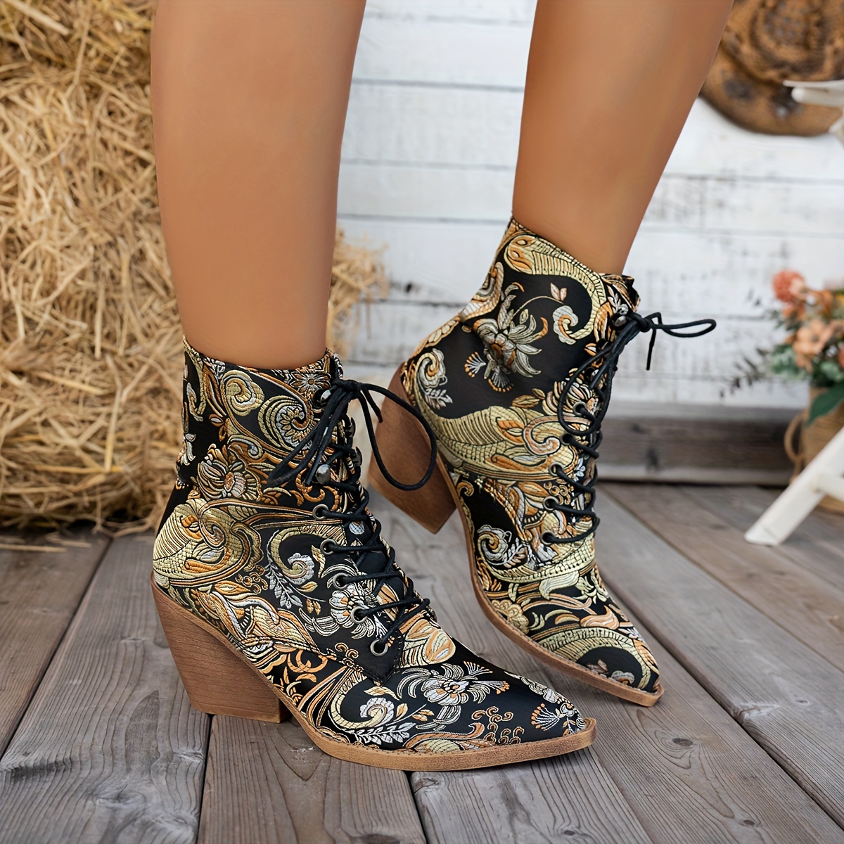 vintage floral embroidered ankle booties women casual lace Temu