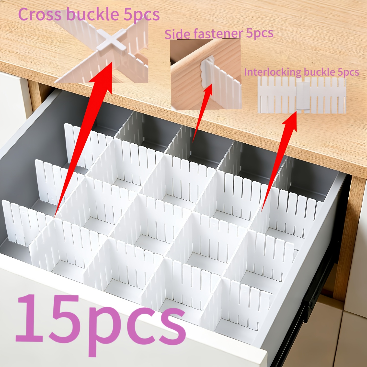 TEMU Juego de 15/5 piezas de divisores de cajón ajustables, para divisores de 1.8mm-2mm de grosor, con clips de fijación de plástico, para organizar