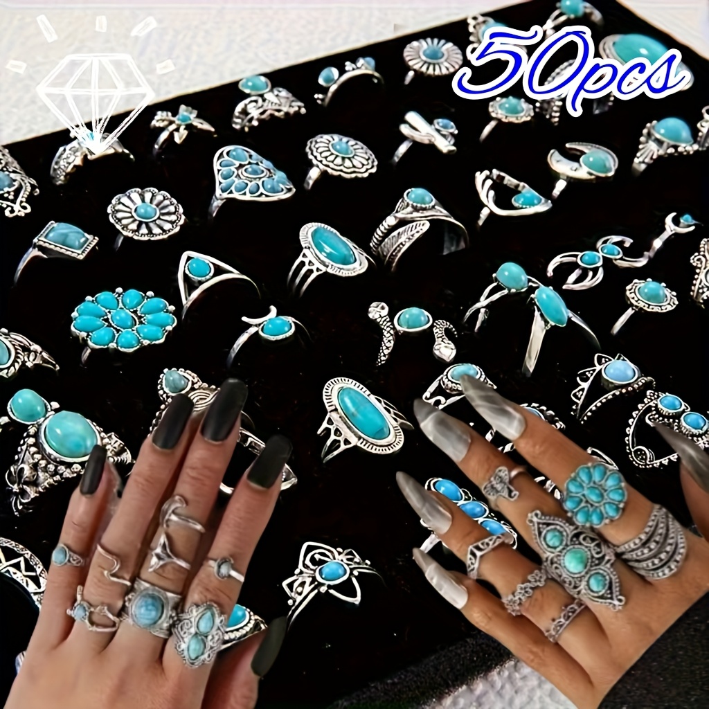 TEMU 50pcs Of Women's Turquoise Ring Jewelry Set, Jewelry, Elegant, Mysterious And Exquisite Jewelry Set