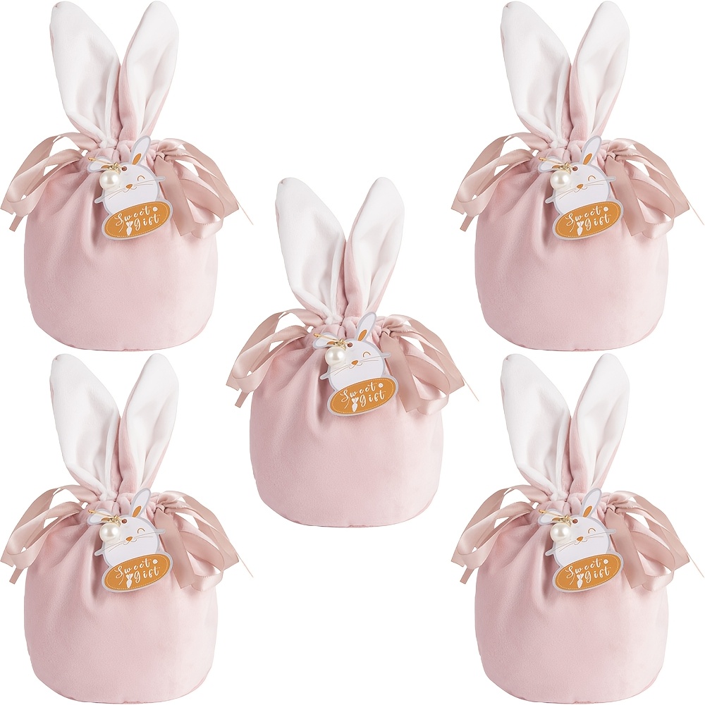 

5pcs Easter Velvet Drawstring Bags, Easter Bunny Gift Pouches Creative Jewelry Cloth Pouch Party Favor Bag For Wedding, Party