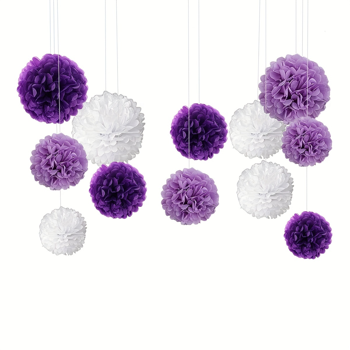 

12pcs Paper Towel Pom Poms In Purple, Lavender, And White - Perfect For Wedding, Bridal Shower, Birthday, Anniversary, And New Year Celebrations