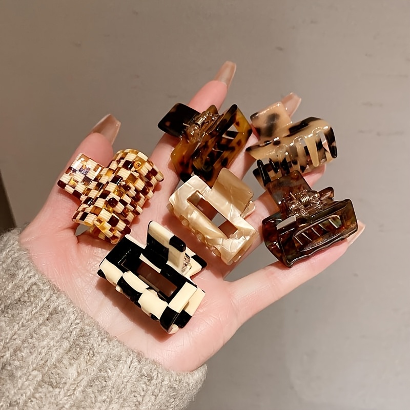 TEMU 6-pack Leopard Print Checkered Acetate Exquisite Small Hair Clips Women's Temperament Back Of Head Half-up Hair Claw Clip Hair Accessory