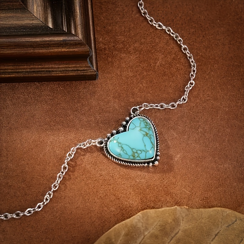 TEMU A Bohemian-style Simple And Versatile Turquoise Heart-shaped Pendant Necklace For Women, Suitable For Daily Wear And Gifting