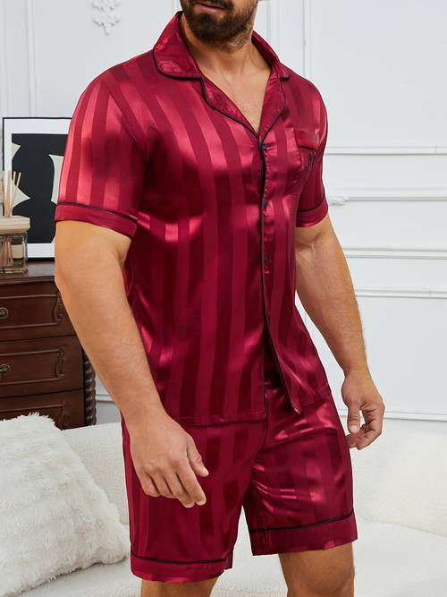 burgundy striped embroidered shirt and shorts short sleeve mens pajama set