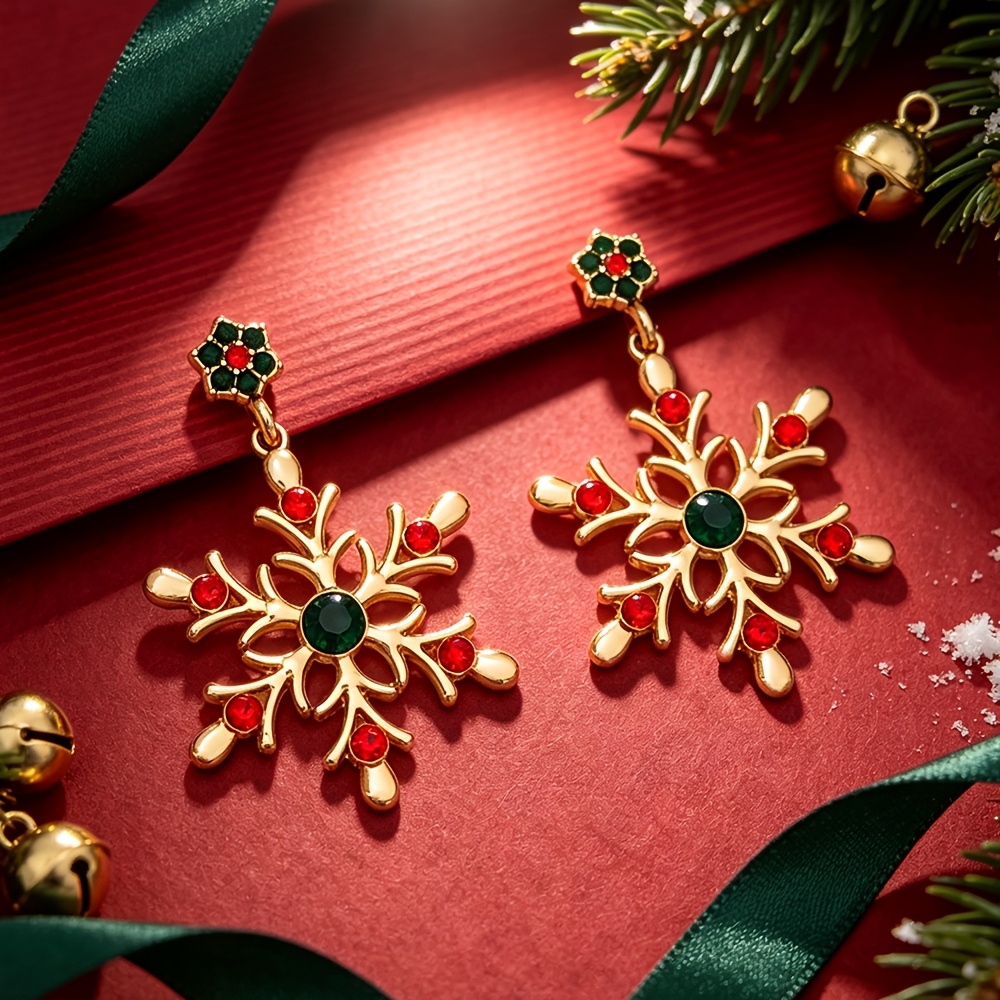 TEMU Christmas Colored Snowflake Long Drop Earrings, Golden Hollow Snowflake Inlaid With Red And Green Rhinestones, Vintage Holiday Women's Earrings