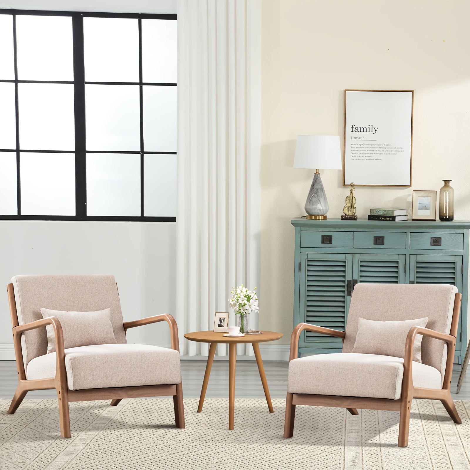 TEMU Mid-century Modern Accent Chair, Linen Fabric Upholstered Living Room Chair With Solid Wood Frame, Lumbar Pillow & Comfy Cushion - Easy Assembly