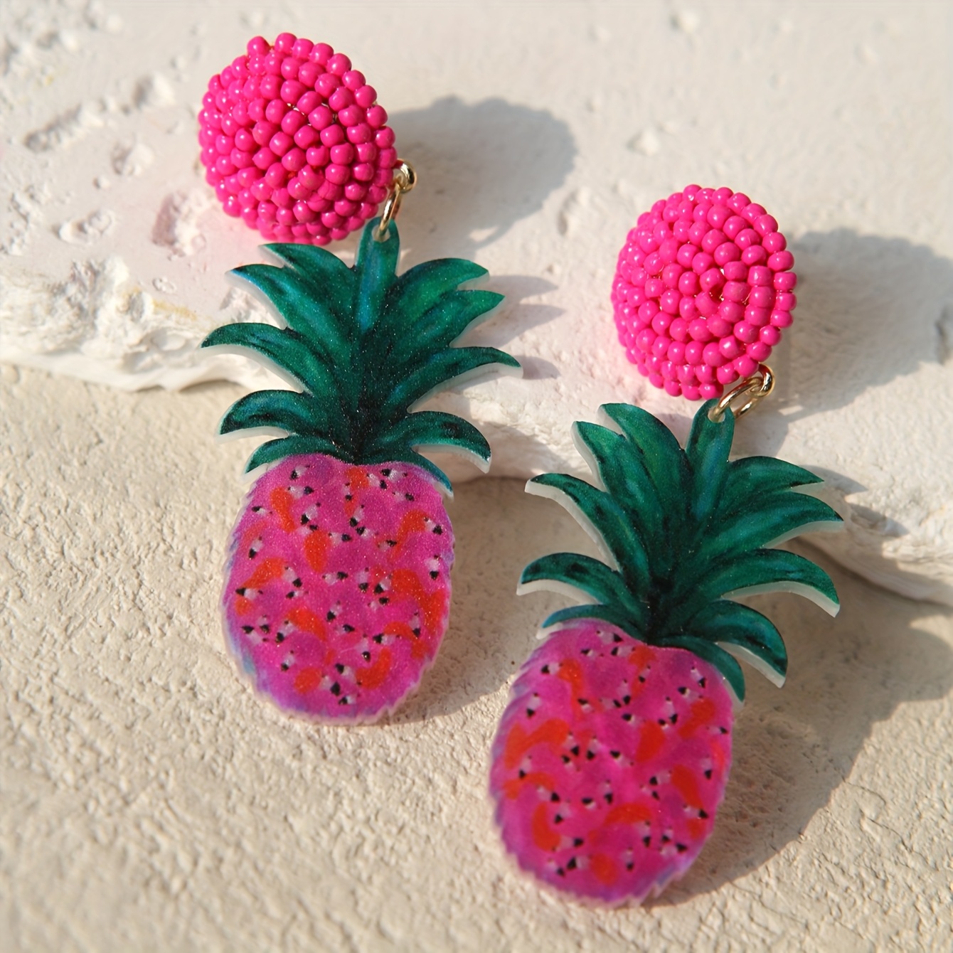Image of Funny Cute Statement Earrings Handmade Seed Bead Stud Creative Earrings Rose Studs Pineapple Acrylic Resin Drop Earrings Dangle Earrings For Women Vacation Party Gift For Her Couple Gif