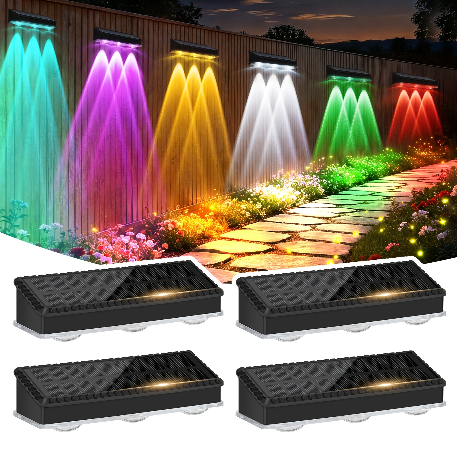 TEMU 2 Packs Of Outdoor Rgb Solar Fence Lights, Upgraded High Brightness Solar Wall Lights With 3 Led Lenses, Solar Garden Lights For Backyard, Yard,