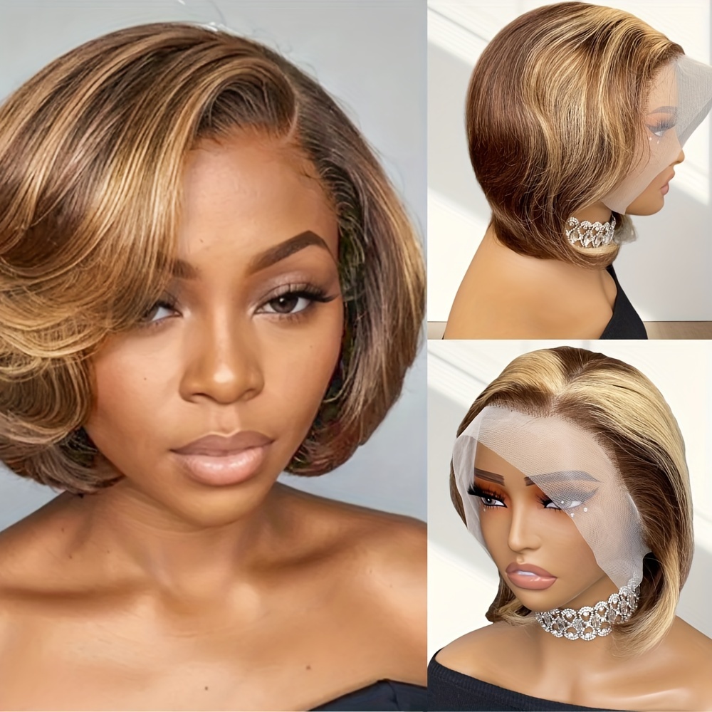 TEMU Highlight Honey Blonde Color Short Bob Lace Front Wig Human Hair Glueless Cut 13x4 Frontal Wigs For Women Preplucked Natural Looking For Daily Use