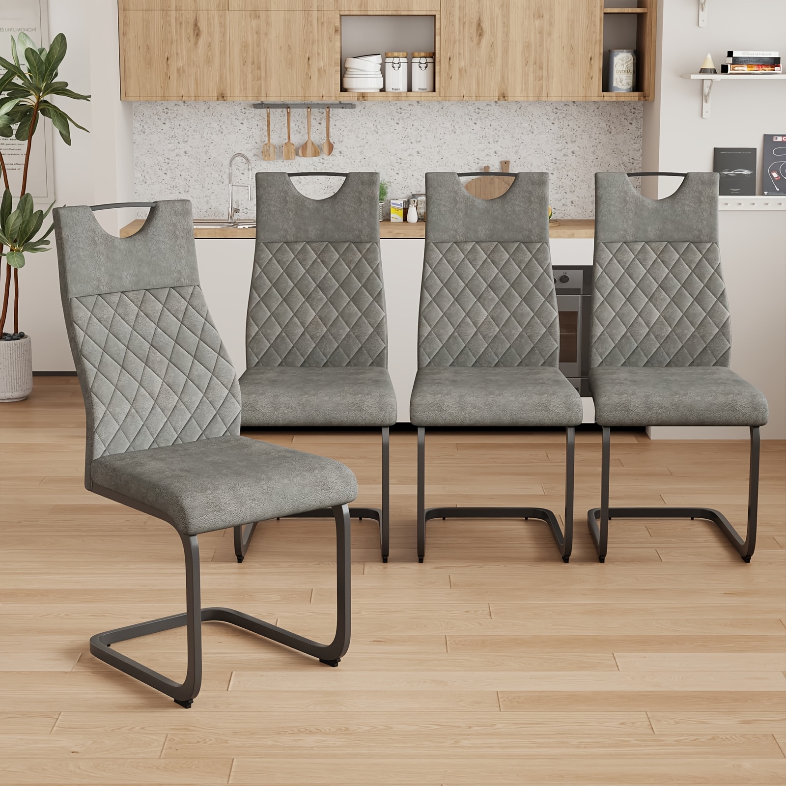 TEMU Dining Chair, Mid-modern Gray Chair, Soft Seat Upholstery Technology, High-quality Fabric, High Backrest And Chrome Legs, Suitable For Dining