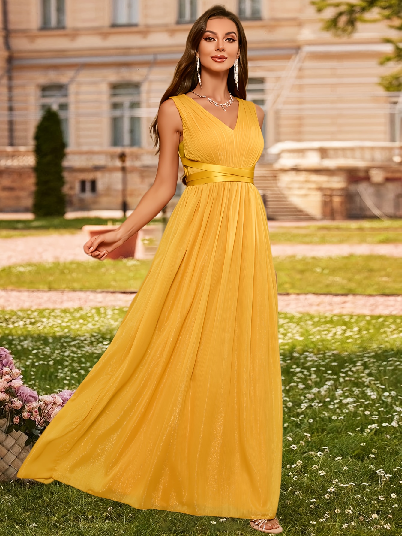 elegante vestido largo chiffon cuello dorado pliegues Temu Colombia