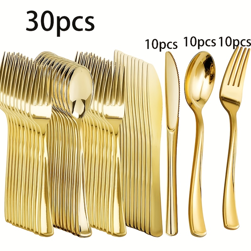 item picture 30pcs golden plastic cutlery set party supplies including 10pcs forks 10pcs spoons and 10pcs knives suitable for home bar and restaurant wedding birthday other holiday parties very suitable for ramadan