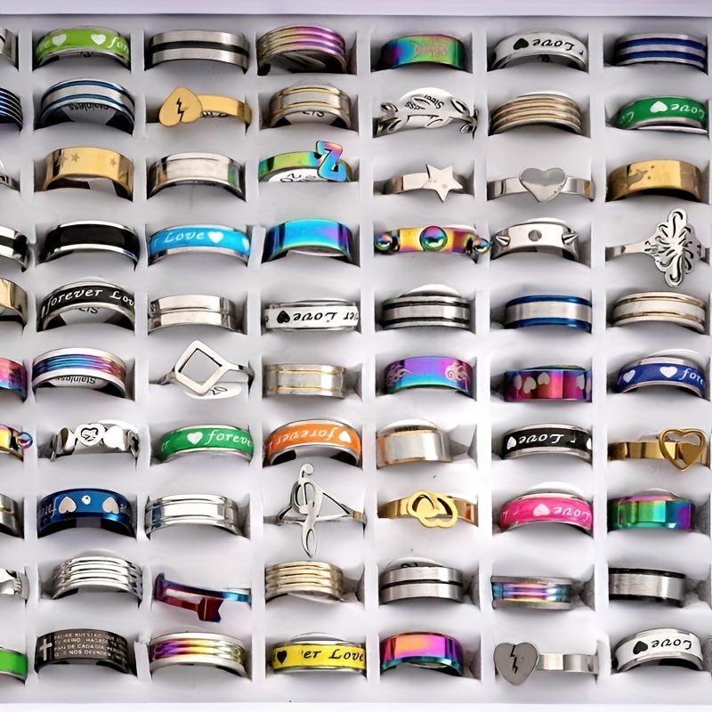 

20/50pcs Men’ Steel Rings - Assorted Designs (hearts, Stars, Geometric Patterns) In Mixed Colors, 17mm-21mm, Included, Men's Fashion Rings | Trendy Ring Designs | Jewelry